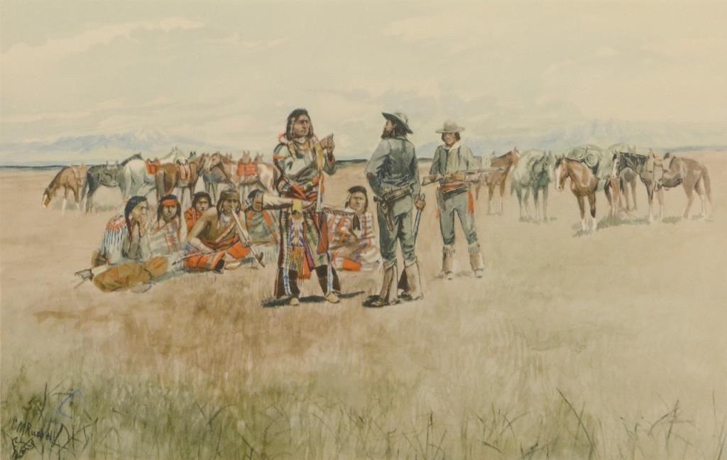 Lot of 3 framed color Charlie Russell prints by Penn Prints of New York