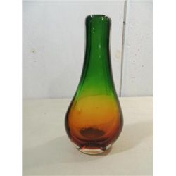 MID-CENTURY MODERN ART GREEN & AMBER GLASS VASE