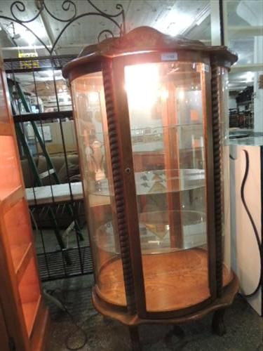Antique Oak Curio Curved Glass Cabinet Mirrored