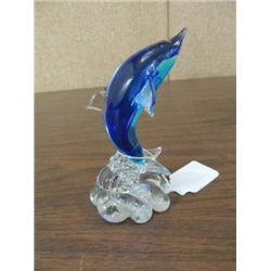 7"H BLUE & CLEAR GLASS LEAPING DOLPHIN  FIGURE