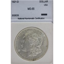 1921 D Morgan Silver Dollar graded MS 65 by NNC