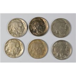 6 BUFFALO NICKELS 1913 T-1, 23, 28, 30, 31-S, 34 GRADES FROM XF TO AU+