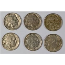 6 BUFFALO NICKELS 1927, 29-D, 29-S, 34, 35, 36 ALL AU