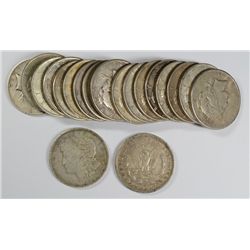 ROLL OF SILVER DOLLARS 20 COINS, 18 PEACE, 2 MORGAN