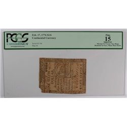 1776 $1/6 Continental Currency PCGS F-15 Apparent (Catalog $600)