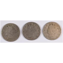 (3) 1891 V-Nickel Avg Circ