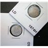 Image 2 : 5 cents 1874H Small Date  AU-55 & 1874H Large Date VG-8. Lot of 2 coins.