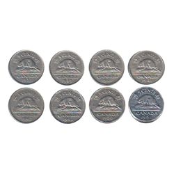 5 cents lot; 1937, 1939, 1940, 1941, 1942 Ni, 1947, 1950 & 1951 LR all circulated and with AD of CAN