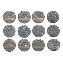 5 cents lot; 1939 x 2, 1940, 1944 x 2, 1945 x 3, 1949, 1950, 1951 LR & 1951 Commemorative, all circu