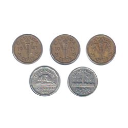 5 cents lot; 1943 Die Break Neck to Rim, 1943 Die Break Neck to Rim, Die Break CA of CANADA to Rim, 