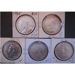 Silver dollar 1935, 1936, 1937, 1938 & 1939 all MS-60 and 1939 MS-62. 1935, 1936 & 1939 cleaned. Lot