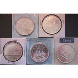Silver dollar 1935 AU-50, 1935 AU-55, 1939 MS-63, 1949 MS-60 & 1949 MS-62. Lot of 5 coins.