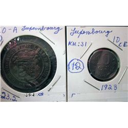 Luxembourg; 10 Centimes 1860A in VF+ and 1923 in AU. Lot of 2 coins.