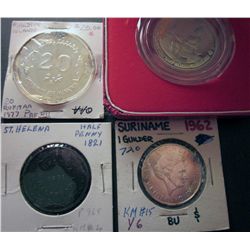 Maldives 20 Rufiyaa 1977 Proof BU, Suriname 1 Guilden 1962 UNC Cleaned, St-Helena Halfpenny 1821 VF/
