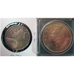New Zealand; 1/2 Crown 1934 EF-40 and Crown 1949 in BU. Lot of 2 coins.
