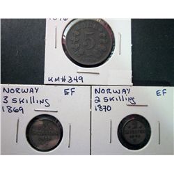 Norway; 2 Skilling 1870 EF, 3 Skilling 1869 EF & 5 Ore 1876 VF. Lot of 3 coins.