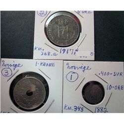 Norway; 1882 10 Ore, 1917 5 Ore & 1937 1 Krone.  VF to EF.