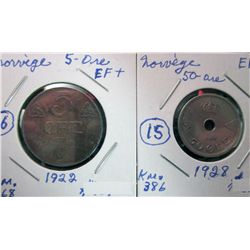 Norway; 50 Ore 1928 EF and 5 Ore 1922 EF+. Lot of 2 coins.