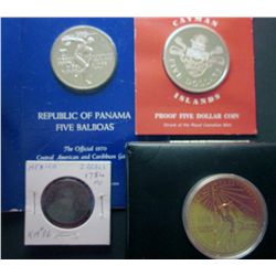 Panama 5 Balboas 1970 Proof Sterling, Cayman Islands 5 Dollar 1974 Proof, Mexico 2 Reals 1754MO F-12
