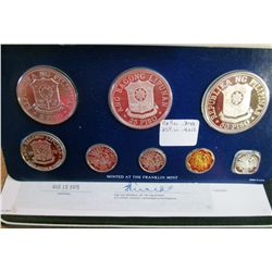 Philippines; 1975 Proof Set minted by Franklin Mint, 8 coins 25 & 50 Piso are silver. With case, sle