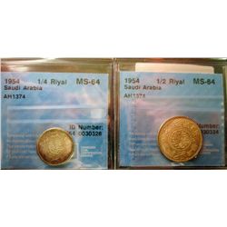 Saudi Arabia; 1/4 Riyal 1935 AH1354 CCCS MS-64 & 1/2 Riyal 1954 AH1374 CCCS MS-64. Lot of 2 coins