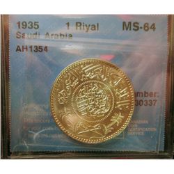 Saudi Arabia; 1 Riyal 1935 AH1354 CCCS MS-64, near Gem.