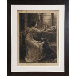 Herbert Thomas Dicksee, Woman Holding Puppy, Etching