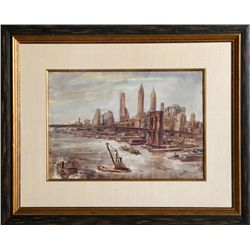 Reginald Marsh, Brooklyn Bridge and Lower Manhattan II, Watercolor Painting