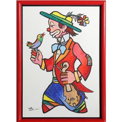 Jovan Obican, Clown with Bird, Oil Painting