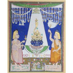 Indian Two Figures with Cobra, Gouache Painting