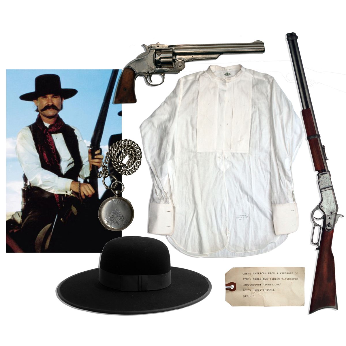 Kurt Russell Prop Pistol Rifle Pocket Watch Shirt Hat From His Famous Role As Wyatt Earp In T