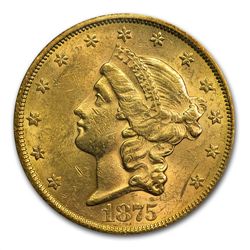 1875-S $20 Gold Liberty Double Eagle - AU-58 PCGS