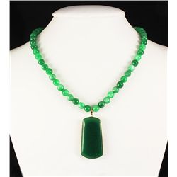 Green Jade Beaded Charm Necklace with Slab Jade Pendant