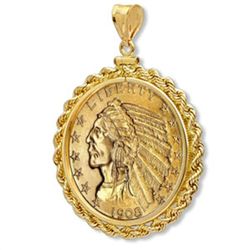 $5 Indian Gold Half Eagle Pendant (Rope-ScrewTop Bezel)