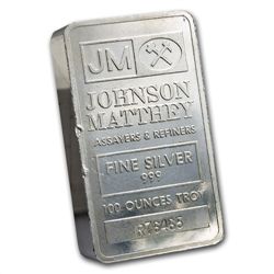 100 oz Johnson Matthey Silver Bar (Pressed, Scruffy) .9