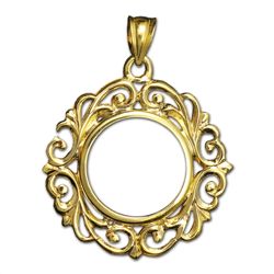 14K Gold Prong Fancy Filigree Coin Bezel - 14 mm