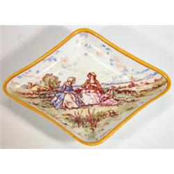 Late Victorian diamond shaped Wedgwood creamware dish, hand painted by Emile Lessore, with scenes…