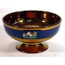 Victorian copper lustre pedestal bowl decorated with a blue band and hand coloured girl and dog, …