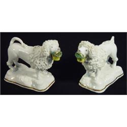 Pair of early 19th century Staffordshire porcelaineous lion style poodles with flat pig noses car…