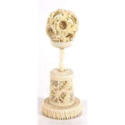 Carved Chinese ivory mystery ball on stand, 15cm high…