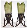 Image 1 : Pair of pinched iridescent Loetz style green glass vases on stylish Art Nouveau triangular pewter…