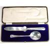 Image 1 : Cased Arts and Crafts silver plated knife and spoon with riveted handle and line and dot punched …