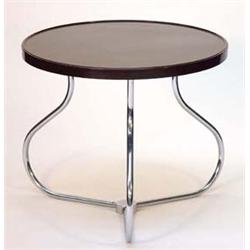 Circular Art Deco style brown Bakelite table on triangular chrome base…