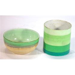 Hand painted Shelley dripping glaze bowl and a green and blue banded Shelley pot, tallest 9cm hig…