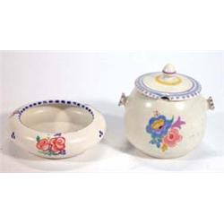 Poole pottery hand painted floral jampot and cover and a Poole floral patterned dish…