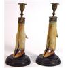 Image 1 : Pair of ebony and brass mounted deer hoofed candlesticks, 24cm high…