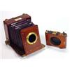 Image 1 : Brass and mahogany folding camera with leather bellows, retailed by G Hare, London…