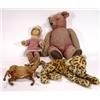 Old stuffed teddy bear, seated leopard, felt face doll and an antelope…