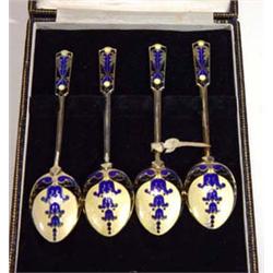 Cased set of four Art Nouveau style enamelled silver spoons, Birmingham, 1960…