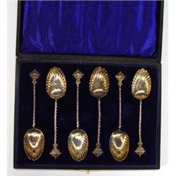 Cased set of six Victorian silver spoons with twisted stems and crowns, Birmingham, 1896…